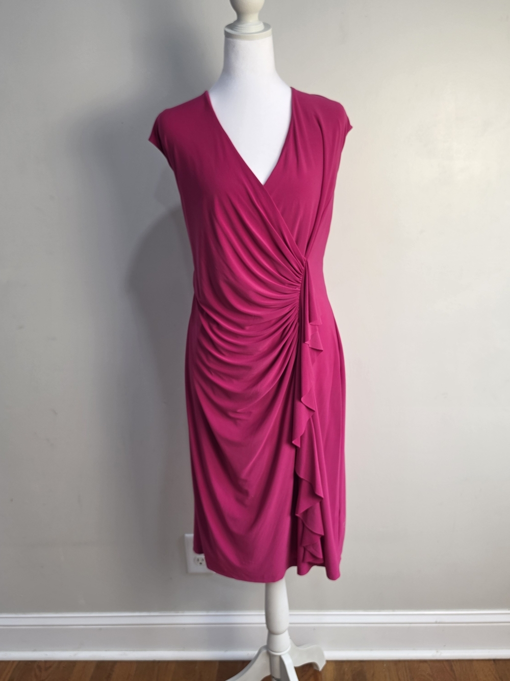 American Living Fuchsia Ruched Wrap-Front Midi Dress with Ruffle